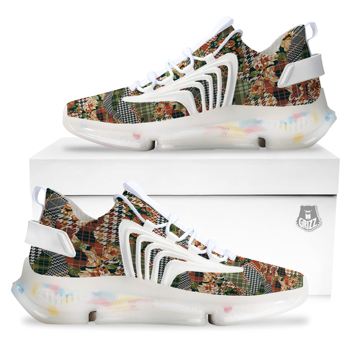 Mix Houndstooth Tartan Print Pattern White Gym Shoes-grizzshop