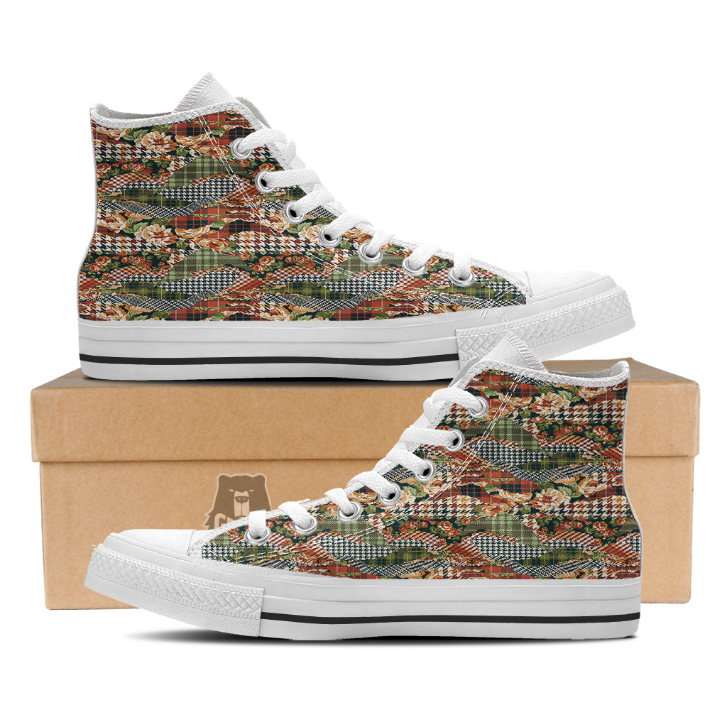 Mix Houndstooth Tartan Print Pattern White High Top Shoes-grizzshop