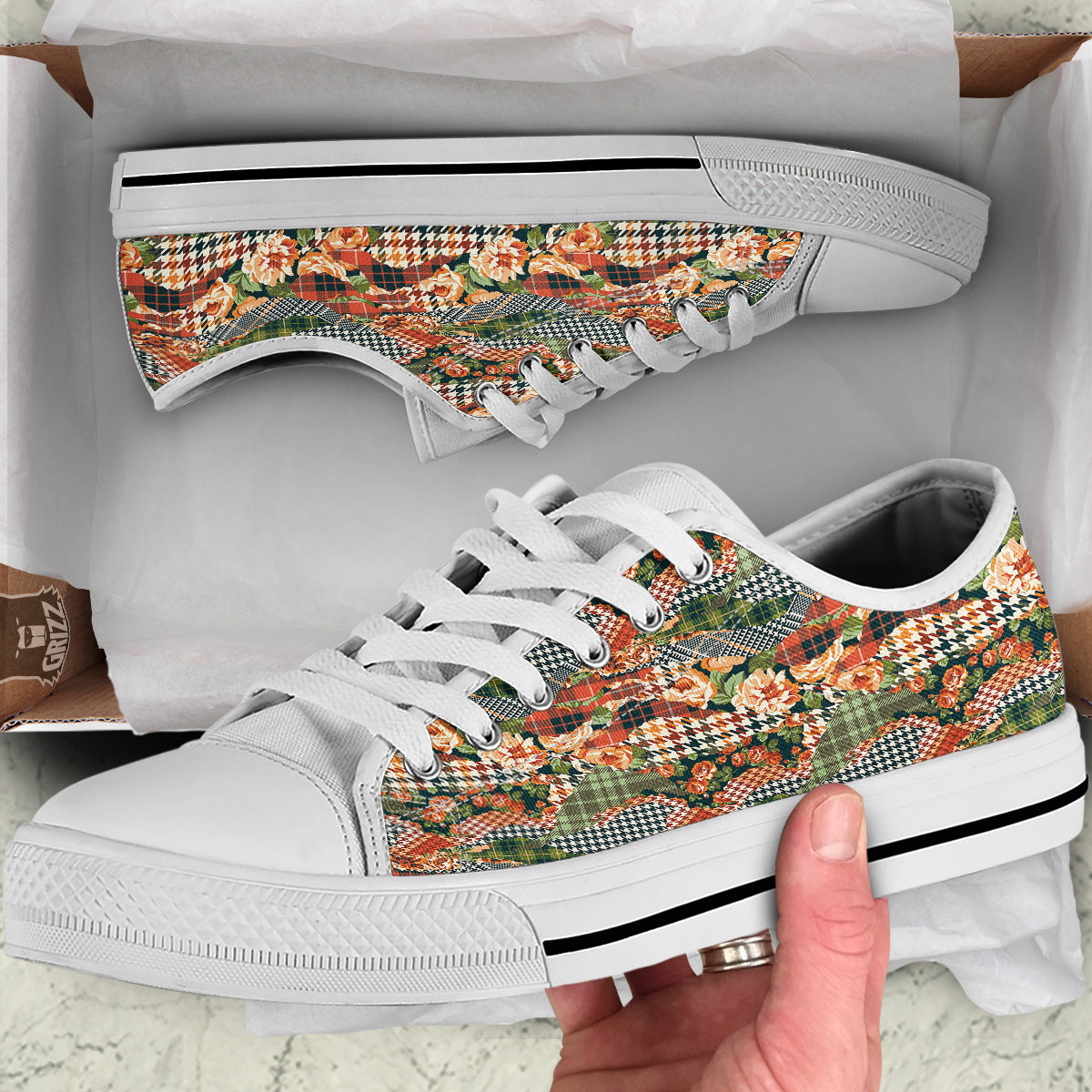 Mix Houndstooth Tartan Print Pattern White Low Top Shoes-grizzshop