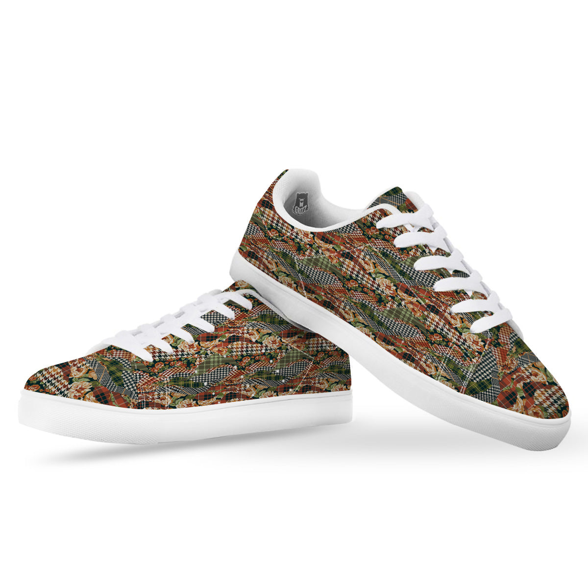 Mix Houndstooth Tartan Print Pattern White Low Top Sneakers-grizzshop