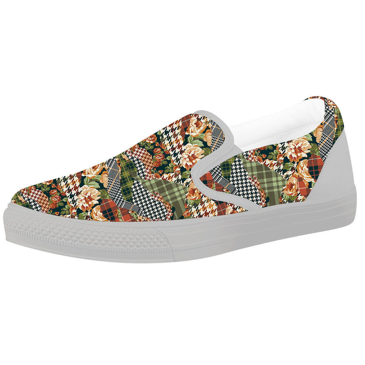 Mix Houndstooth Tartan Print Pattern White Slip On Shoes-grizzshop