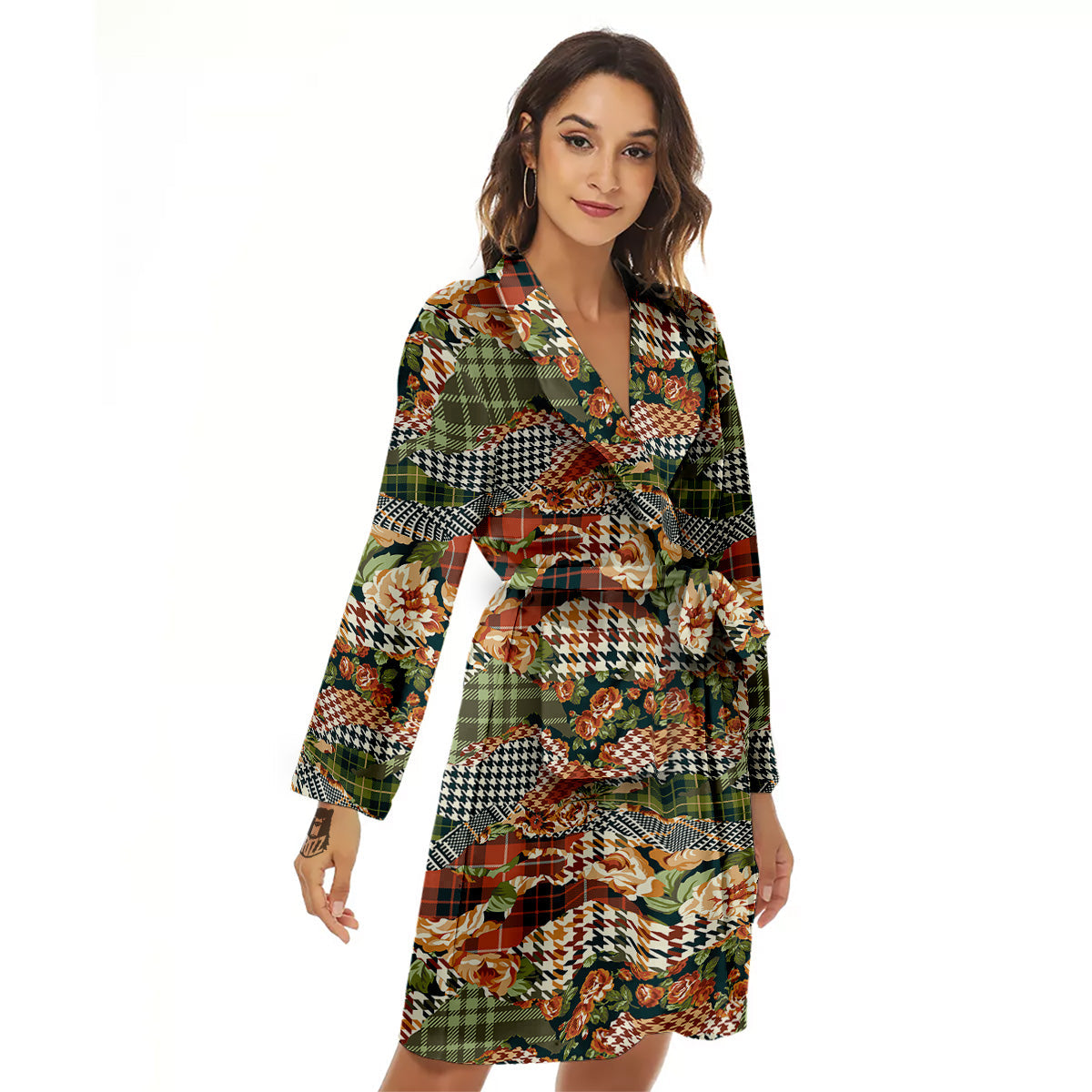 Mix Houndstooth Tartan Print Pattern Women's Robe-grizzshop