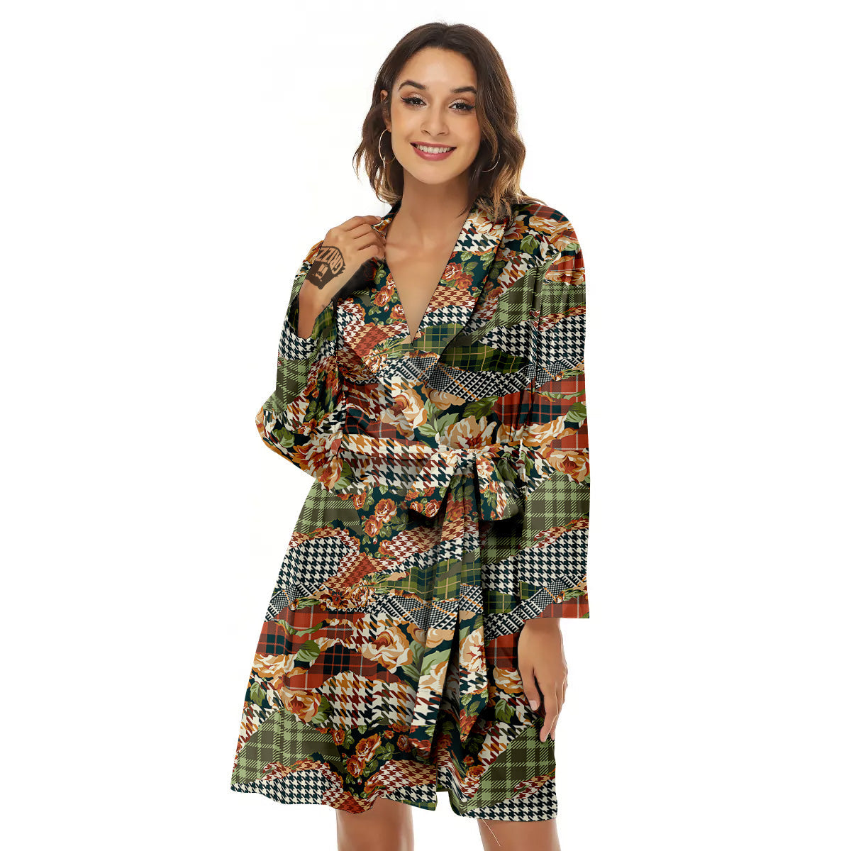Mix Houndstooth Tartan Print Pattern Women's Robe-grizzshop