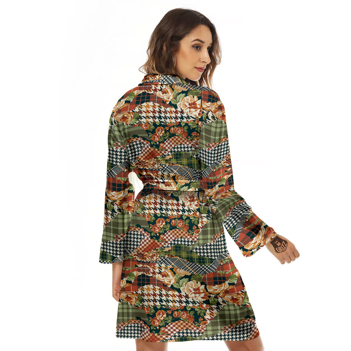 Mix Houndstooth Tartan Print Pattern Women's Robe-grizzshop