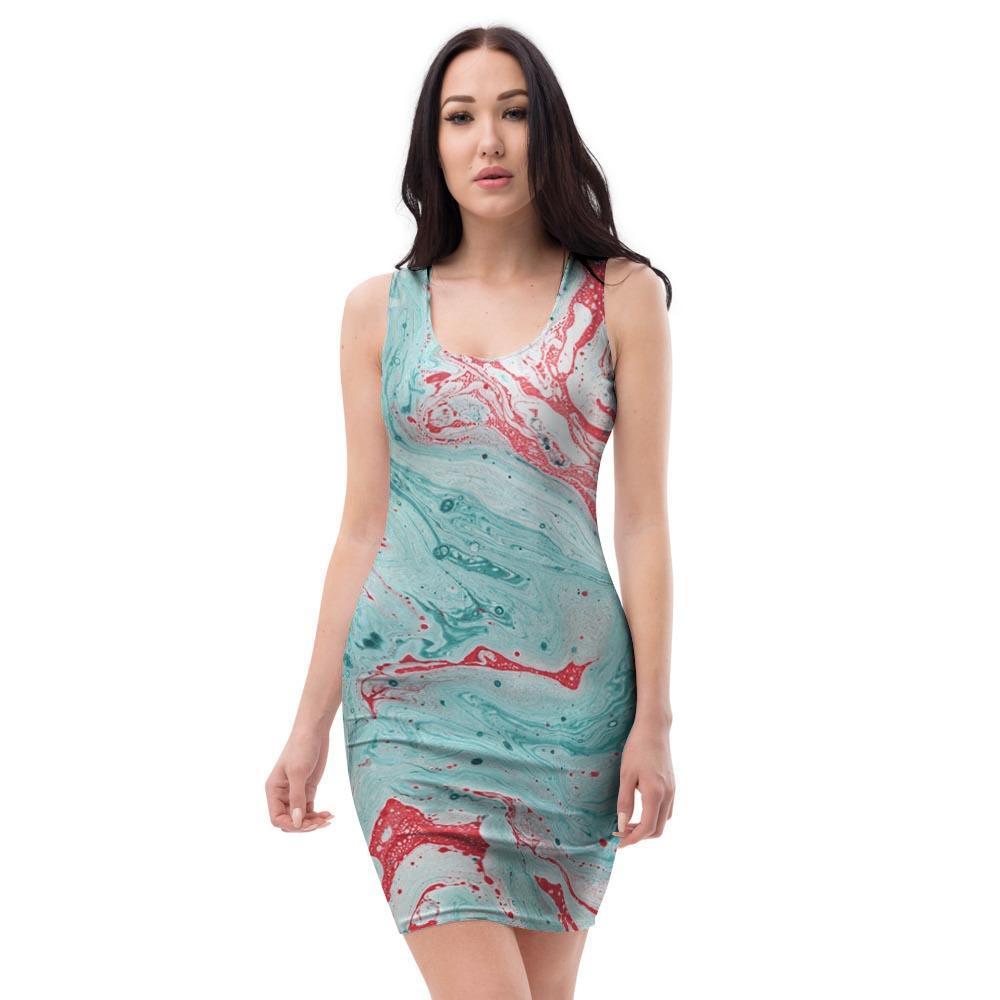 Mixed Red and Turquoise Marble Bodycon Dress-grizzshop