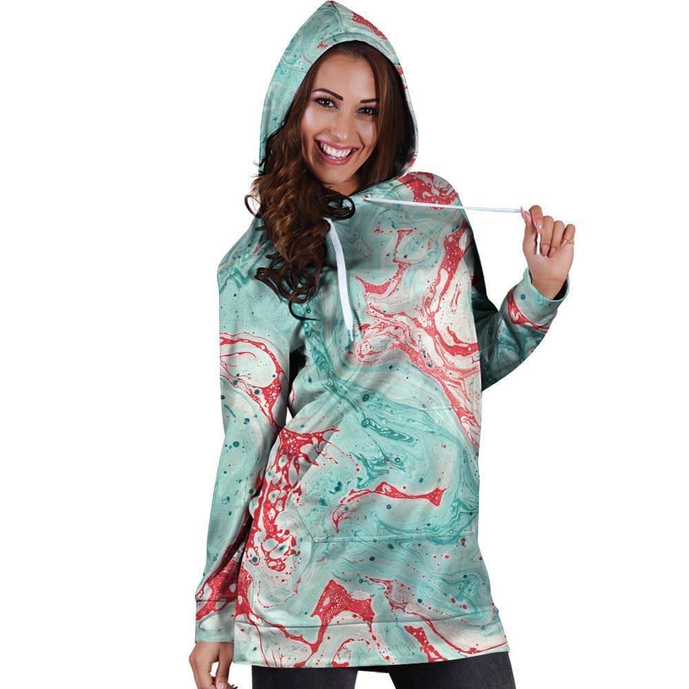 Mixed Red and Turquoise Marble Hoodie Dress-grizzshop