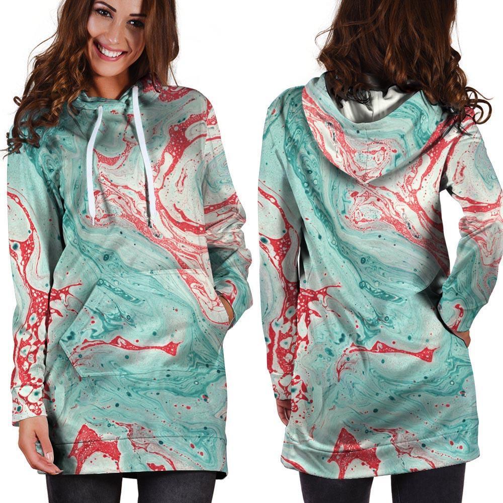 Mixed Red and Turquoise Marble Hoodie Dress-grizzshop