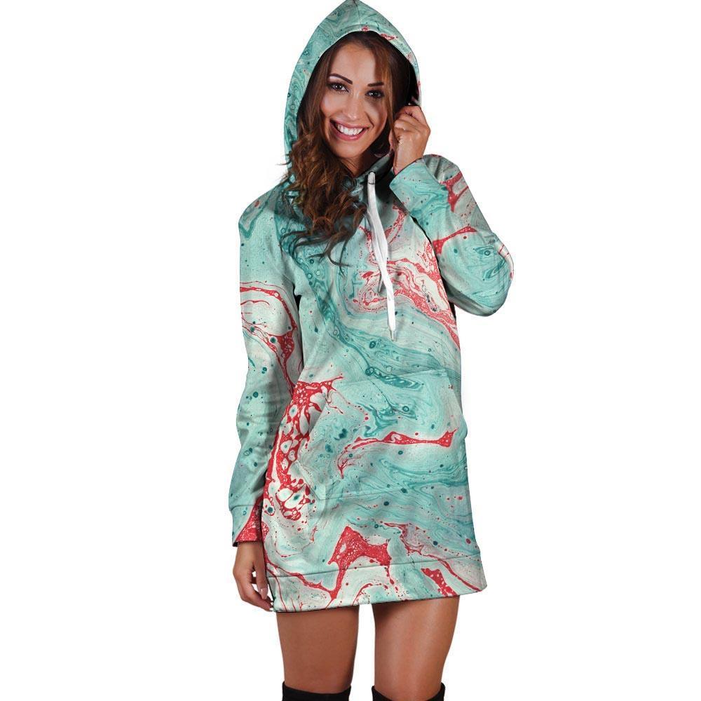 Mixed Red and Turquoise Marble Hoodie Dress-grizzshop