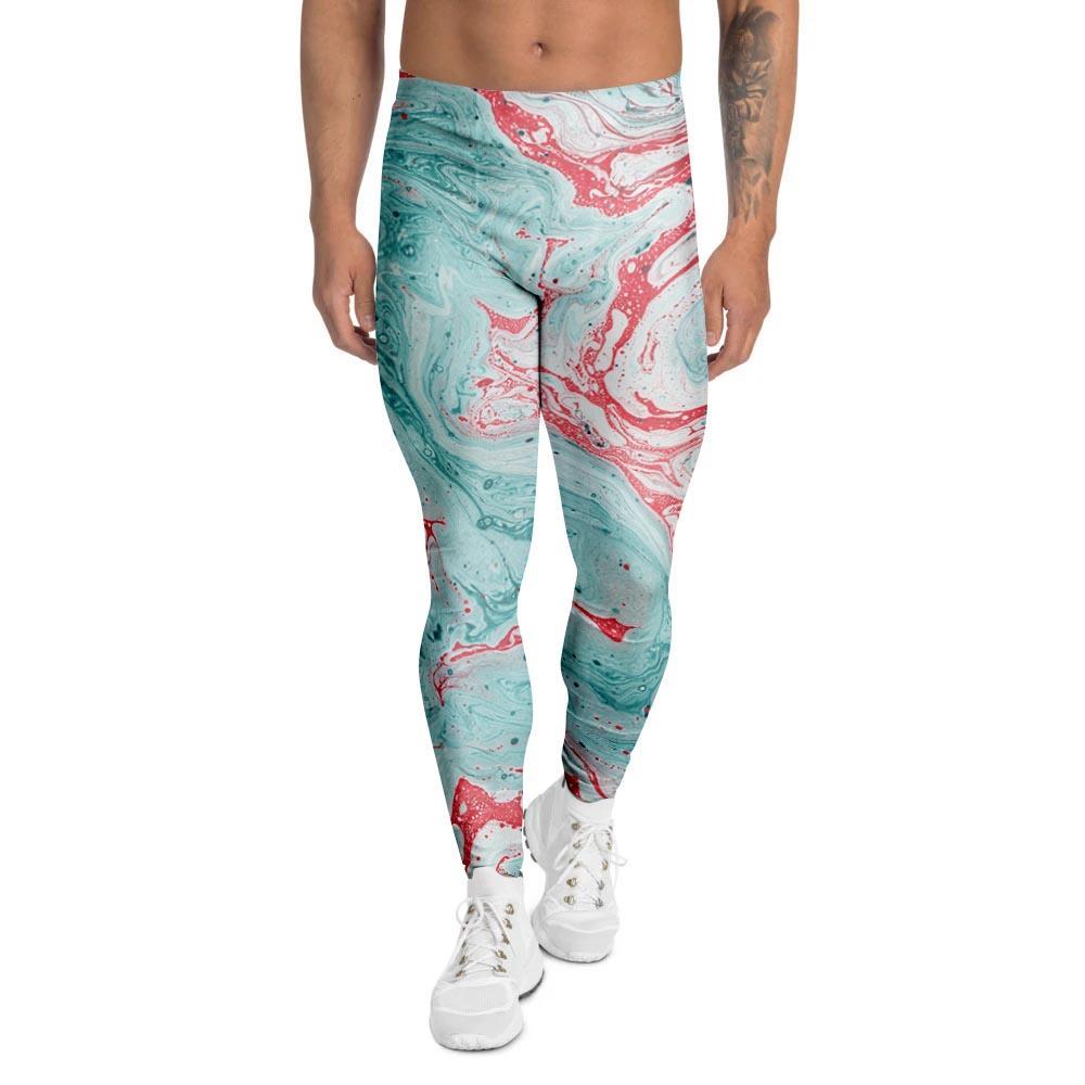 Mixed Red and Turquoise Marble Men's Leggings-grizzshop