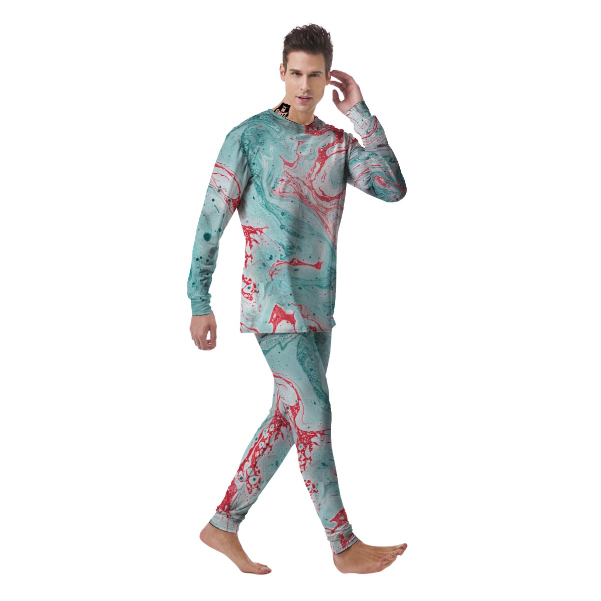 Mixed Red and Turquoise Marble Men's Pajamas-grizzshop