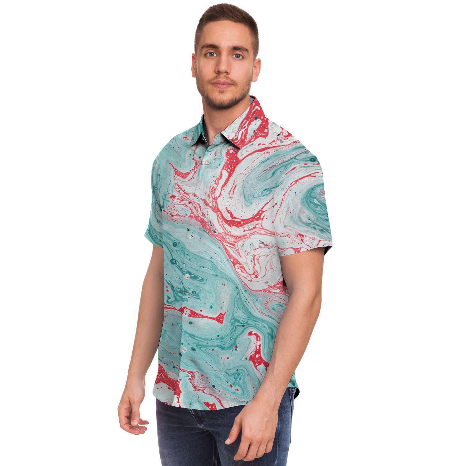 Mixed Red and Turquoise Marble Men's Short Sleeve Shirt-grizzshop