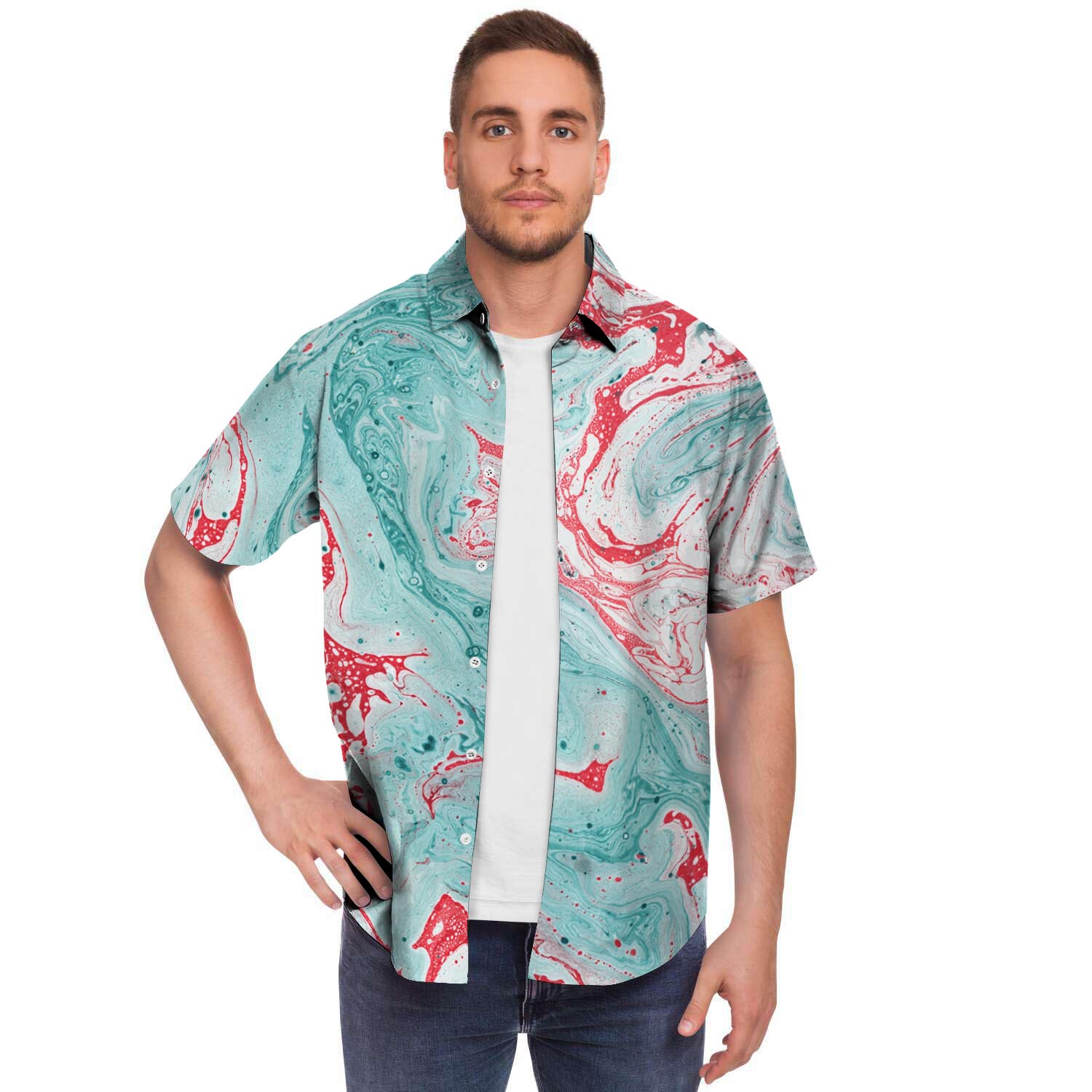 Mixed Red and Turquoise Marble Men's Short Sleeve Shirt-grizzshop