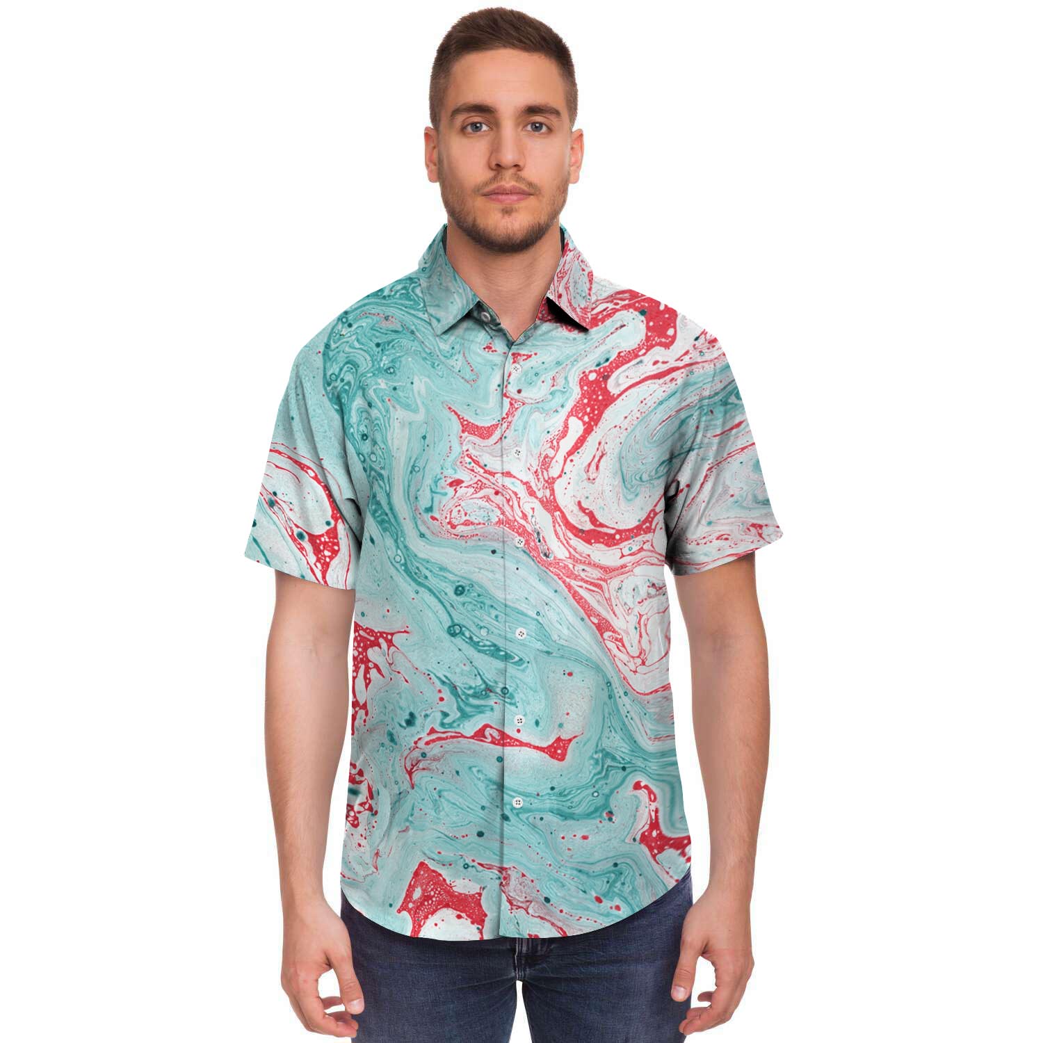 Mixed Red and Turquoise Marble Men's Short Sleeve Shirt-grizzshop