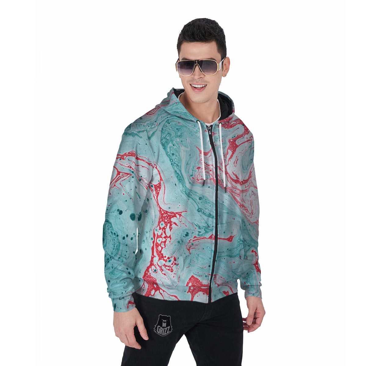 Mixed Red and Turquoise Marble Men's Zip Up Hoodie-grizzshop