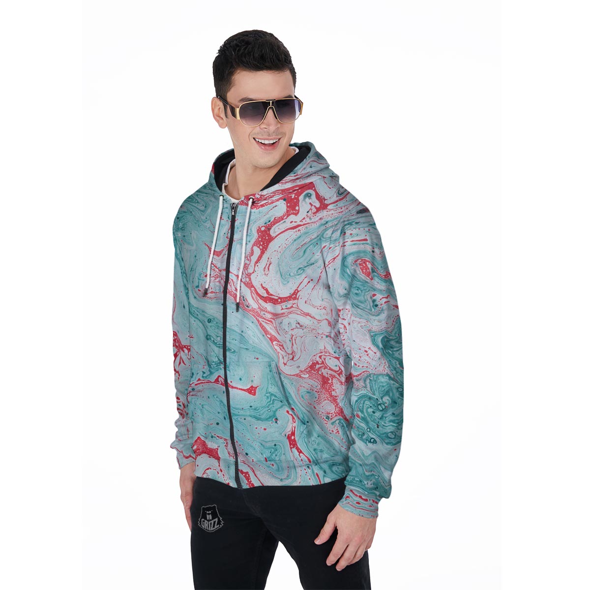 Mixed Red and Turquoise Marble Men's Zip Up Hoodie-grizzshop