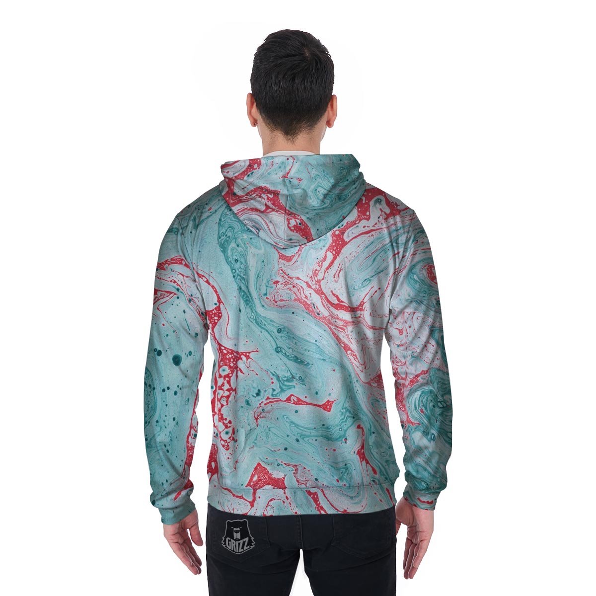 Mixed Red and Turquoise Marble Men's Zip Up Hoodie-grizzshop
