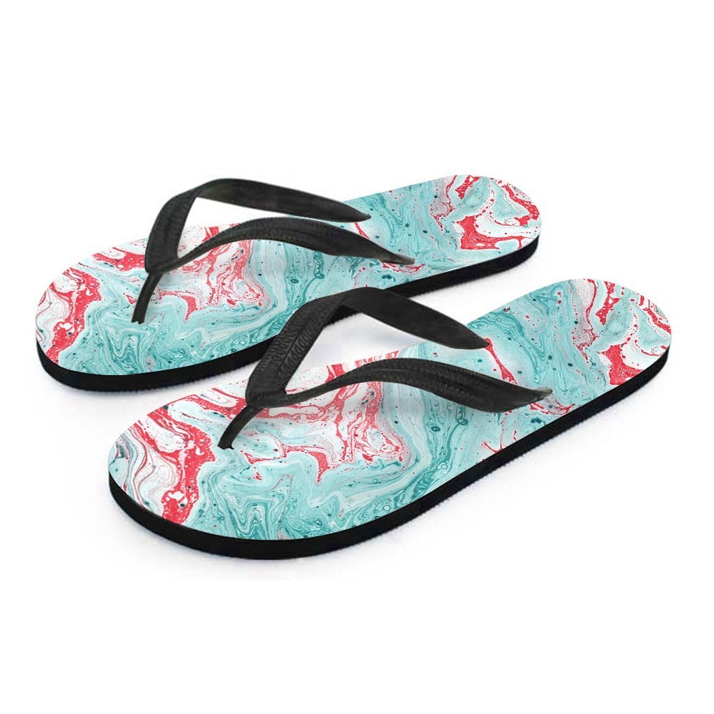 Mixed Red and Turquoise Marble Women's Flip Flops-grizzshop