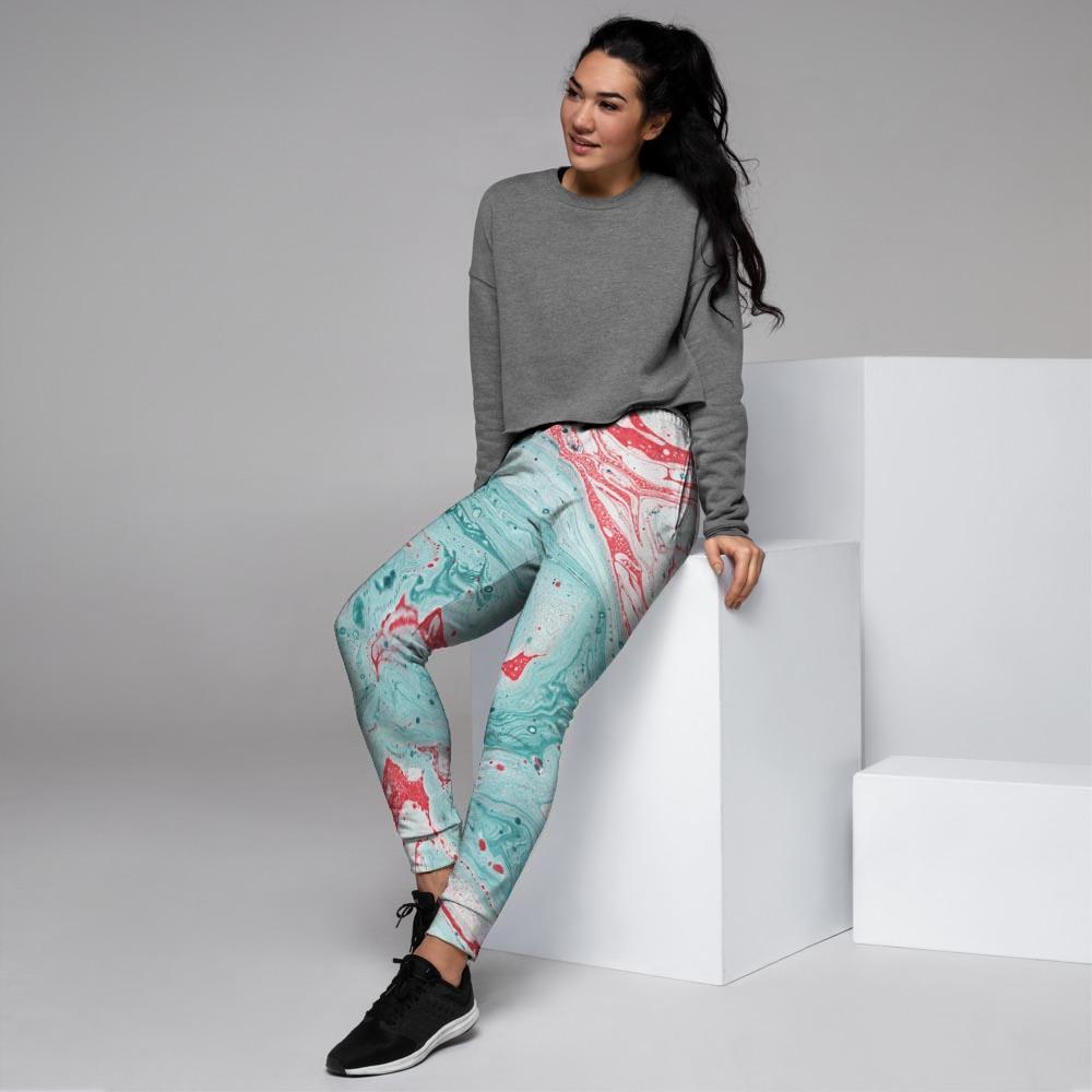 Mixed Red and Turquoise Marble Women's Joggers-grizzshop