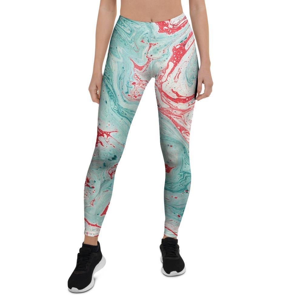 Mixed Red and Turquoise Marble Women's Leggings-grizzshop