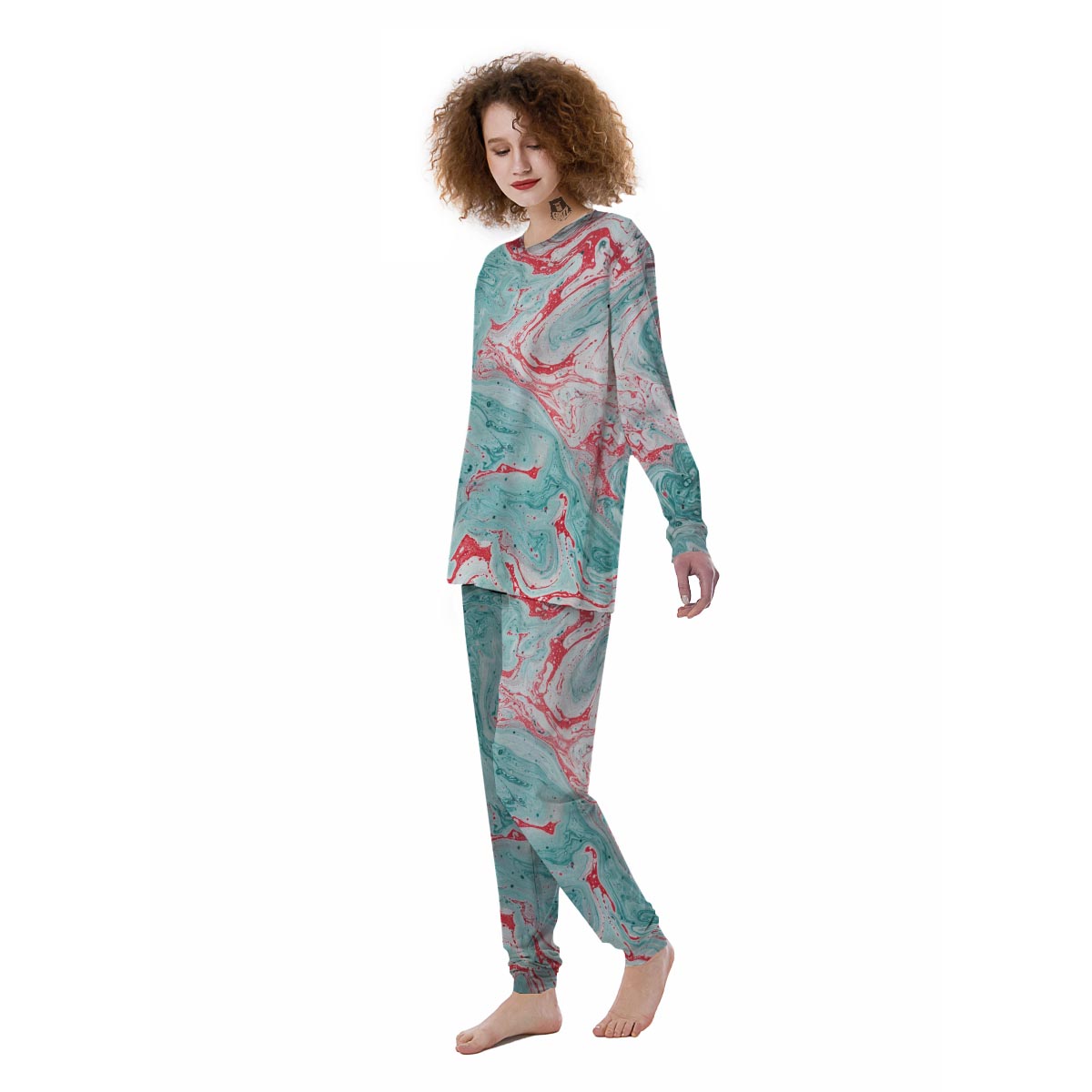 Mixed Red and Turquoise Marble Women's Pajamas-grizzshop