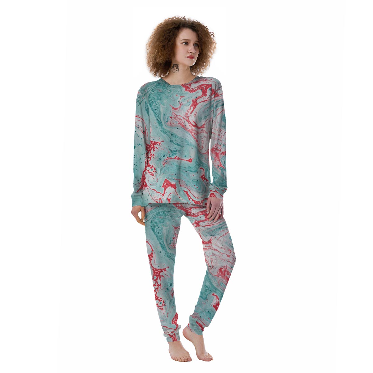 Mixed Red and Turquoise Marble Women's Pajamas-grizzshop