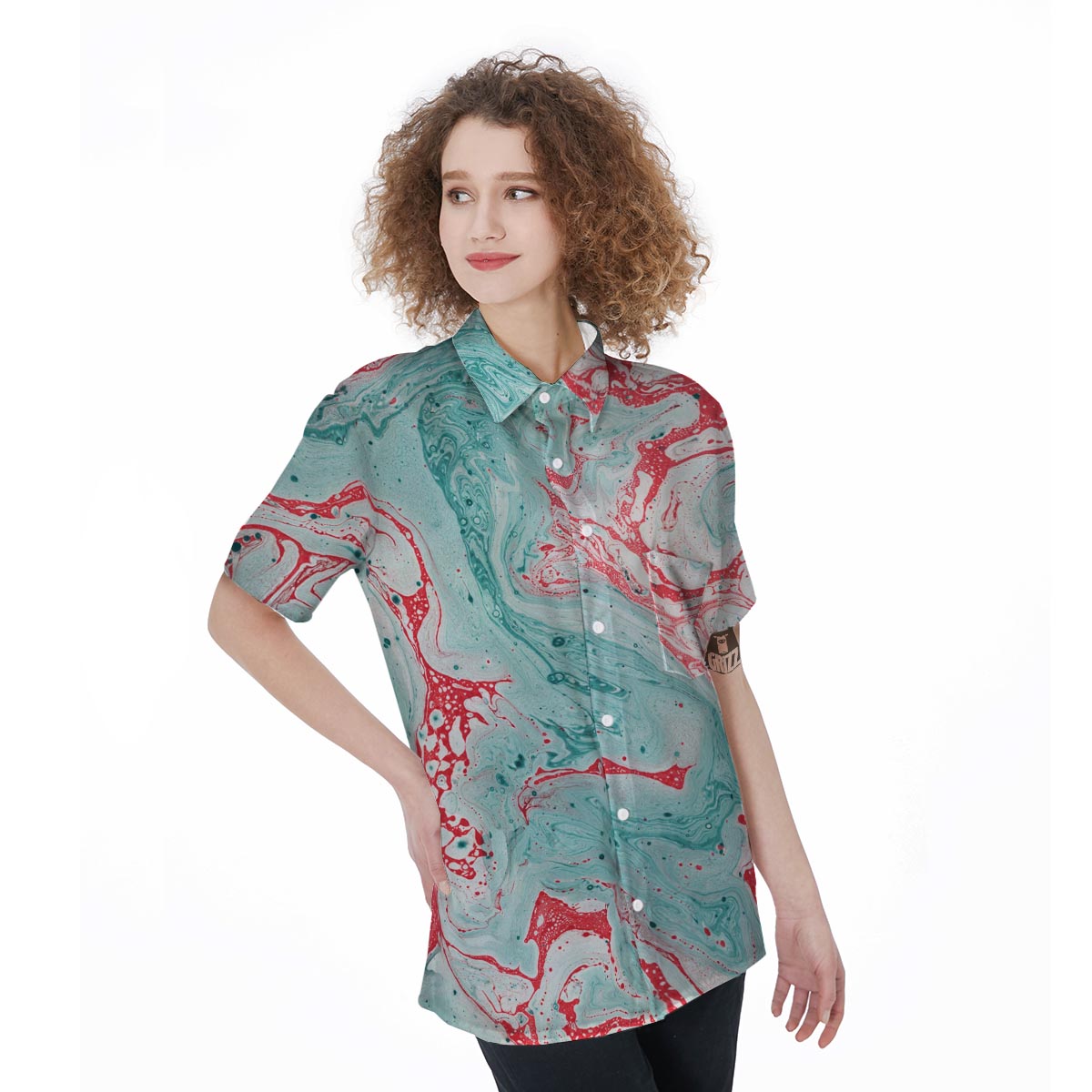 Mixed Red and Turquoise Marble Women's Short Sleeve Shirts-grizzshop