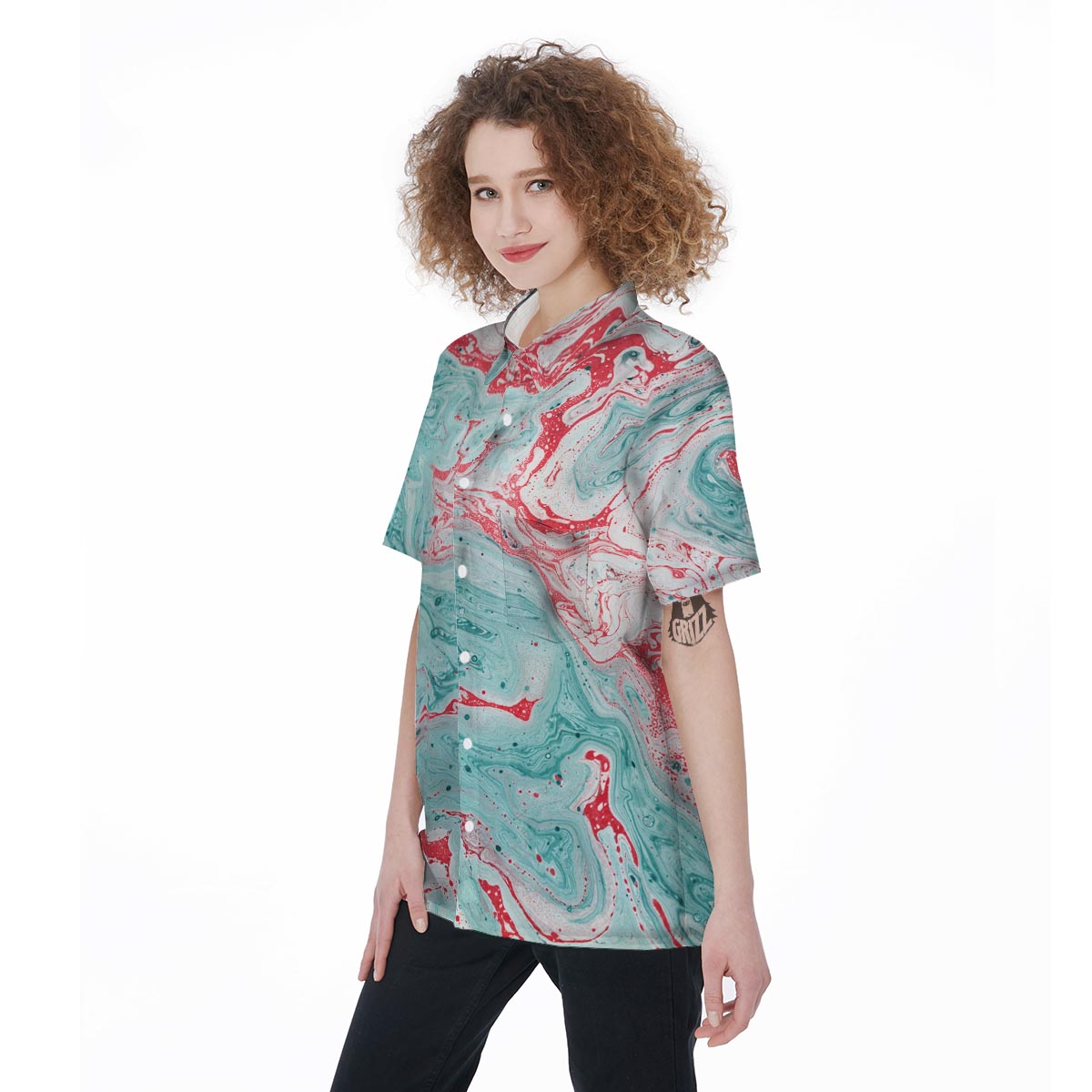 Mixed Red and Turquoise Marble Women's Short Sleeve Shirts-grizzshop