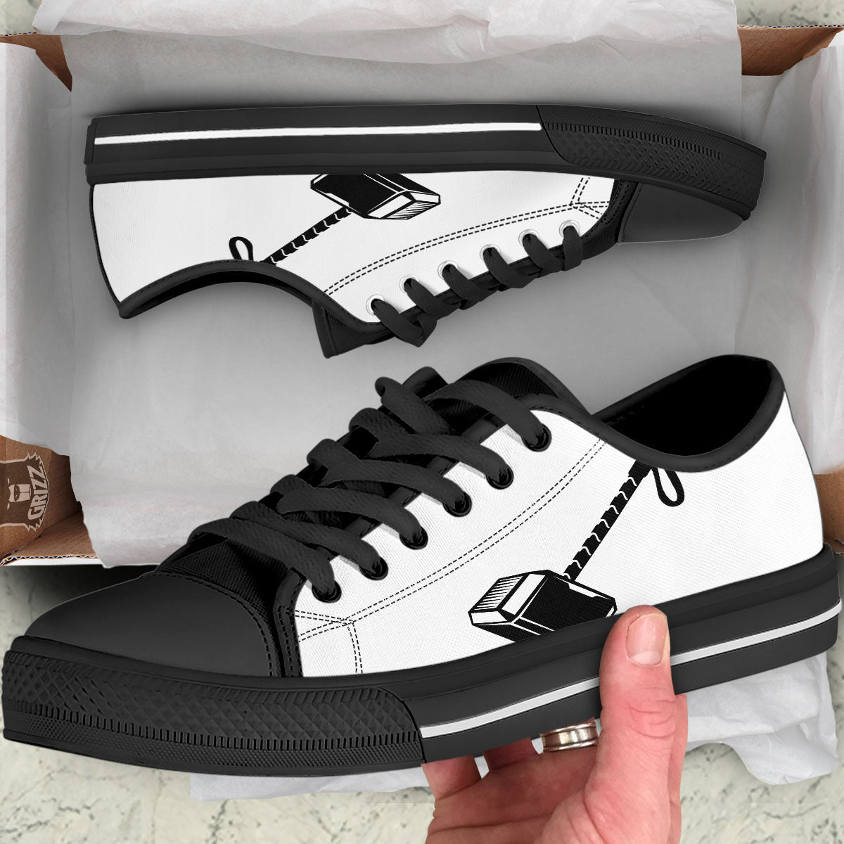 Mjolnir Hammer Of Thor Print Black Low Top Shoes-grizzshop
