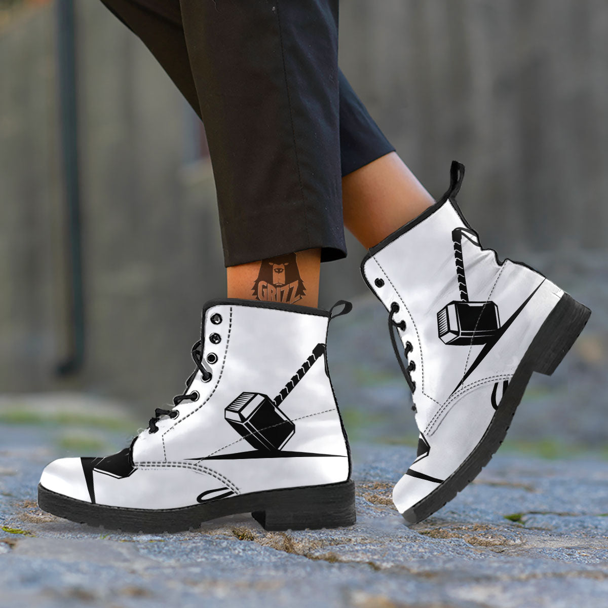 Mjolnir Hammer Of Thor Print Leather Boots-grizzshop