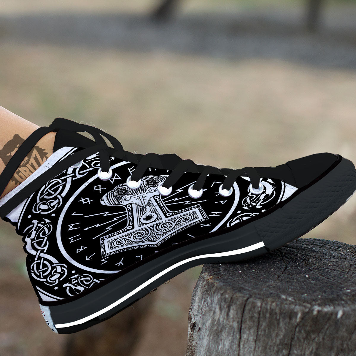 Mjolnir White And Black Print Black High Top Shoes-grizzshop