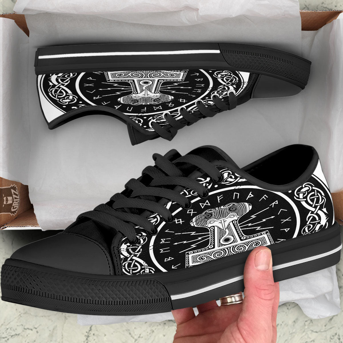 Mjolnir White And Black Print Black Low Top Shoes-grizzshop