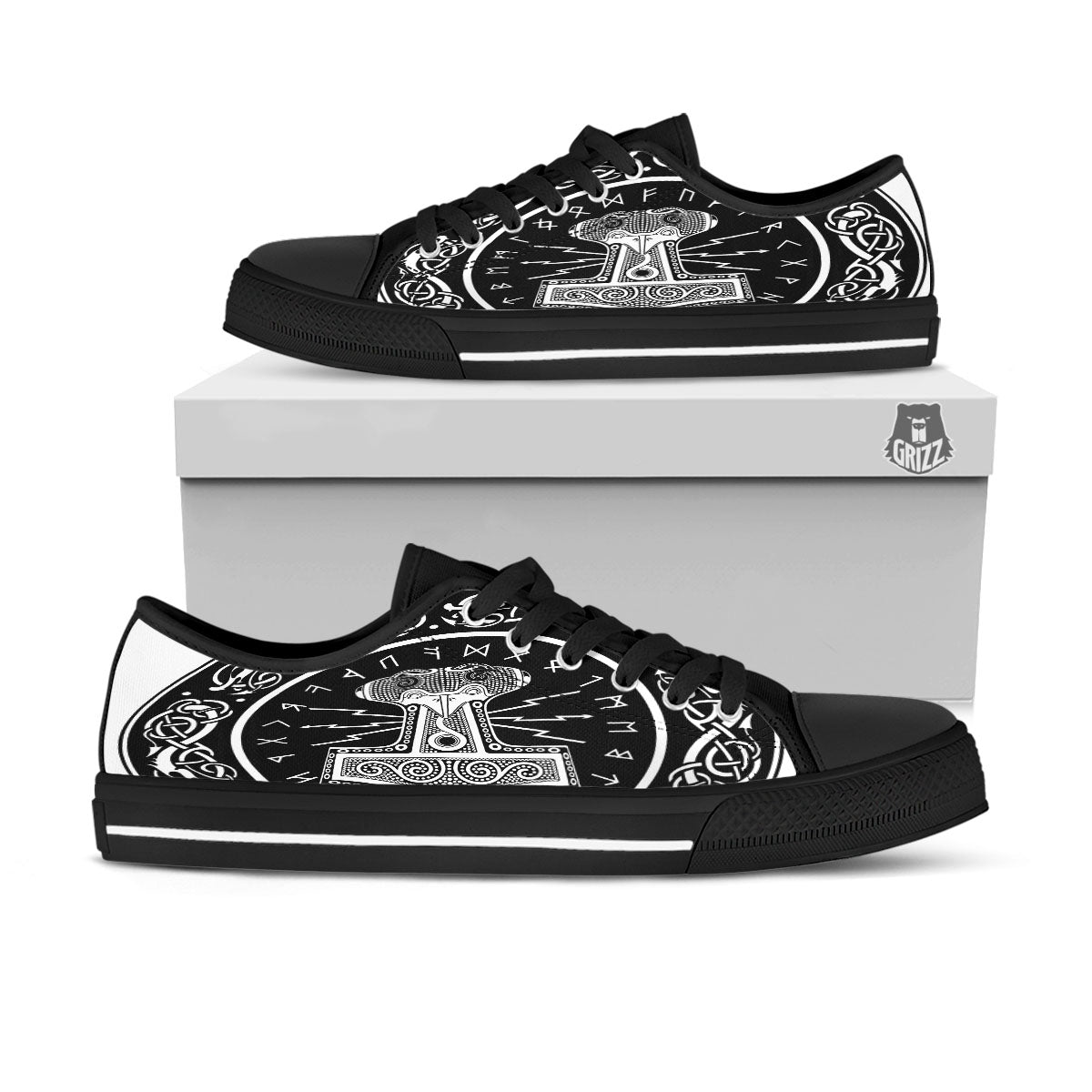 Mjolnir White And Black Print Black Low Top Shoes-grizzshop