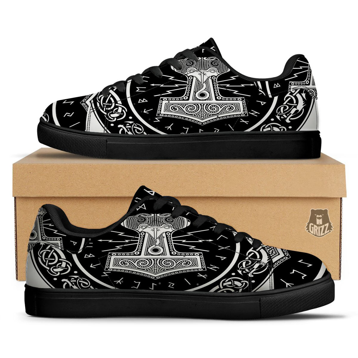 Mjolnir White And Black Print Black Low Top Sneakers-grizzshop