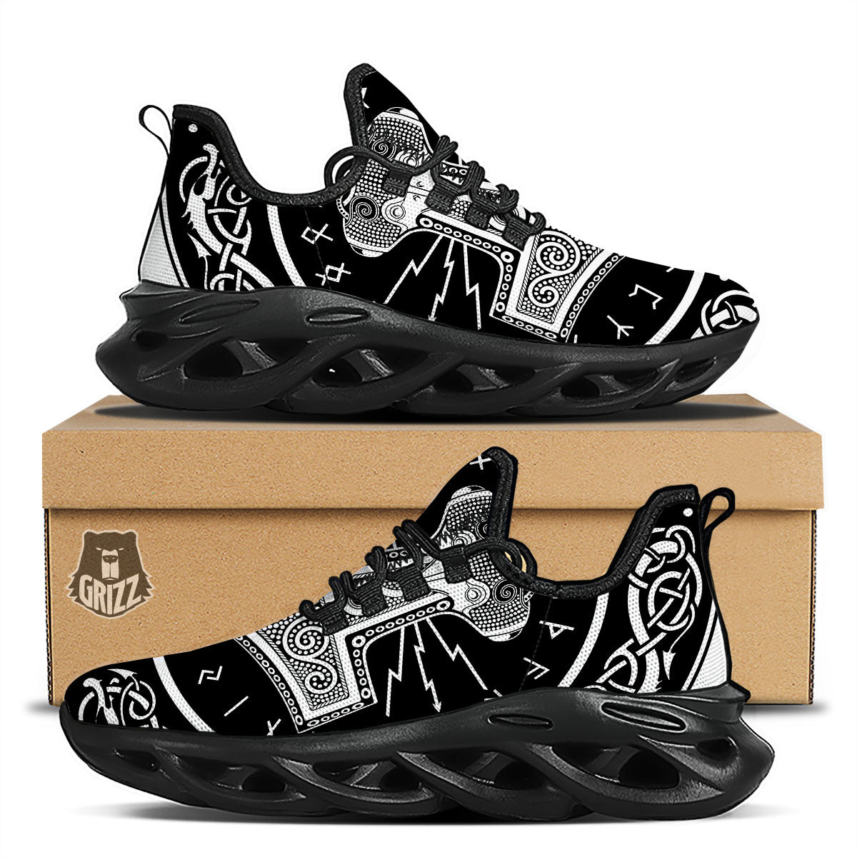 Mjolnir White And Black Print Black Running Shoes-grizzshop