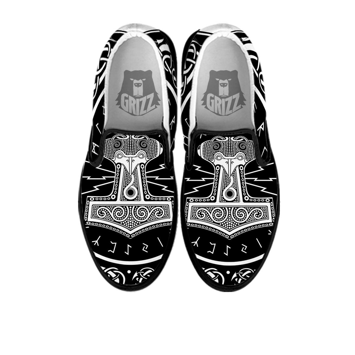 Mjolnir White And Black Print Black Slip On Shoes-grizzshop