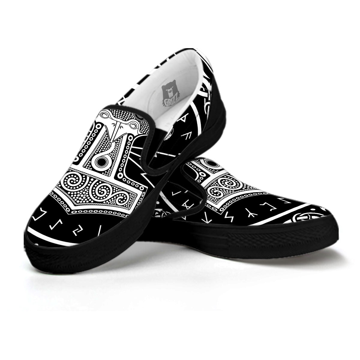Mjolnir White And Black Print Black Slip On Shoes-grizzshop