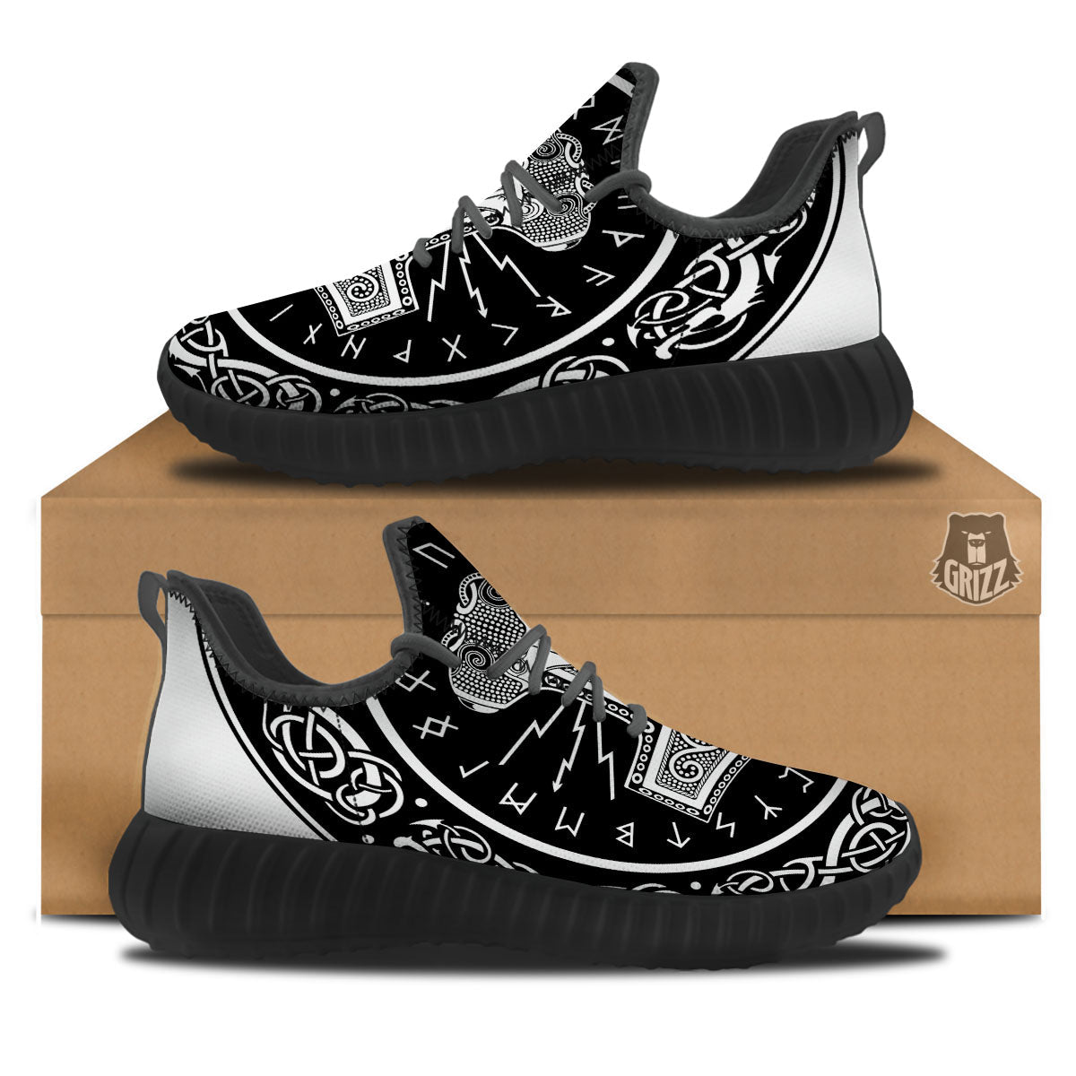 Mjolnir White And Black Print Black Walking Shoes-grizzshop