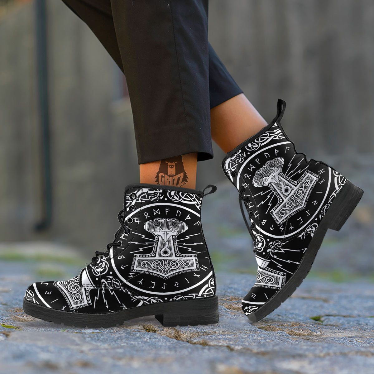 Mjolnir White And Black Print Leather Boots-grizzshop