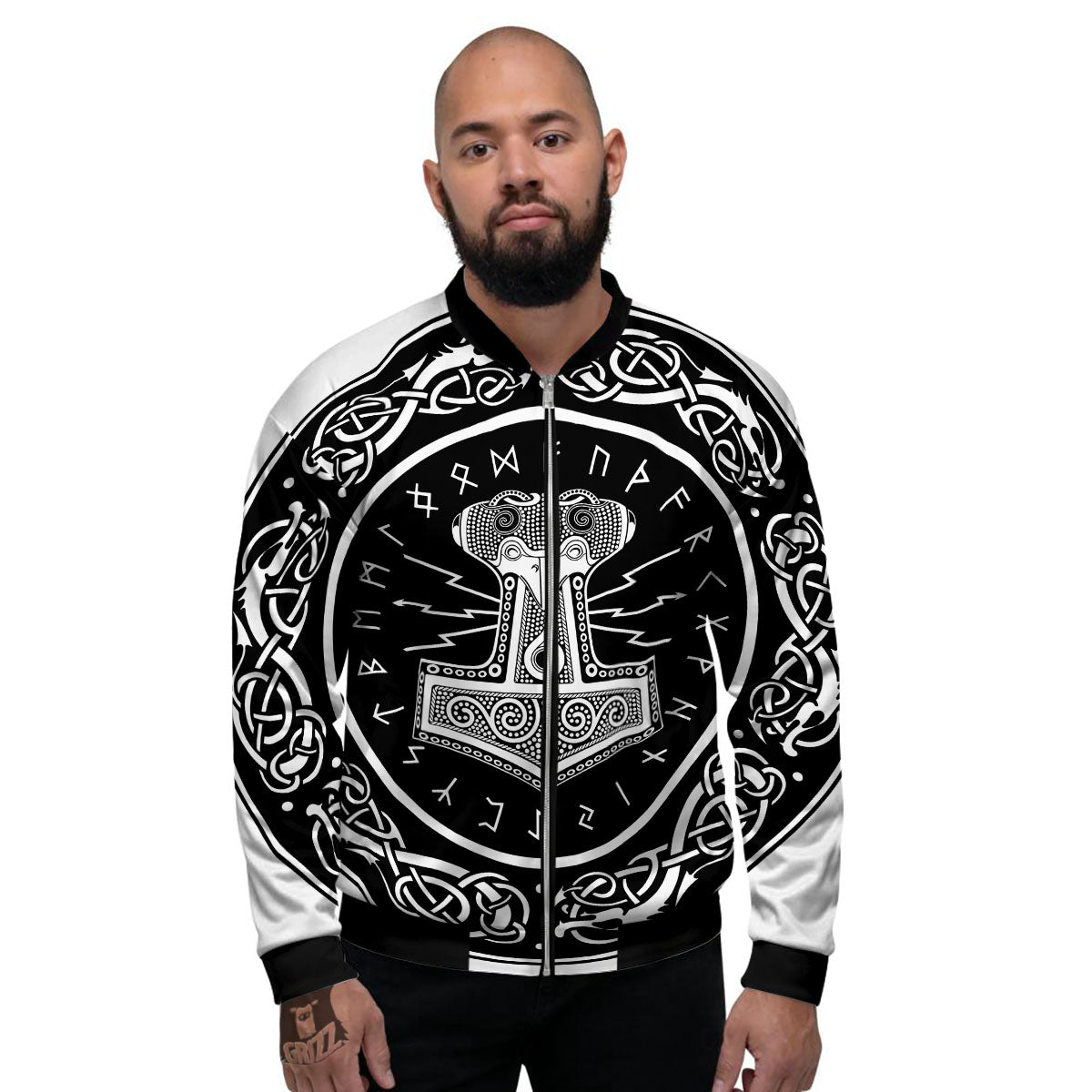 Mjolnir White And Black Print Men's Bomber Jacket-grizzshop