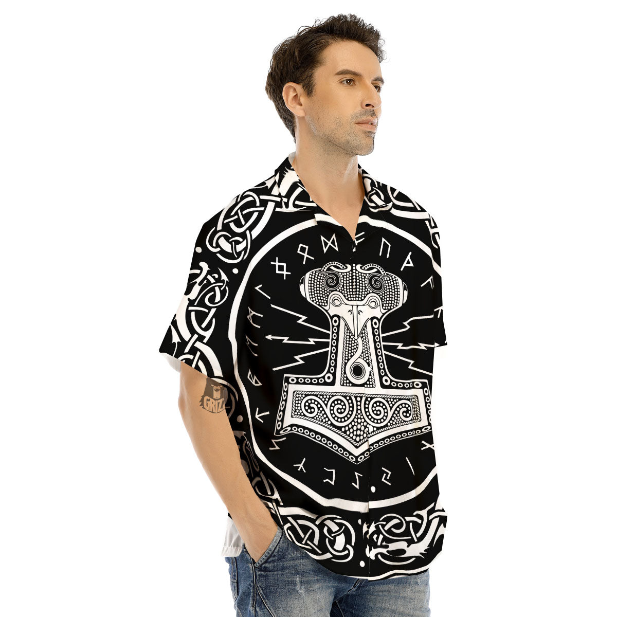 Mjolnir White And Black Print Men's Hawaiian Shirt-grizzshop