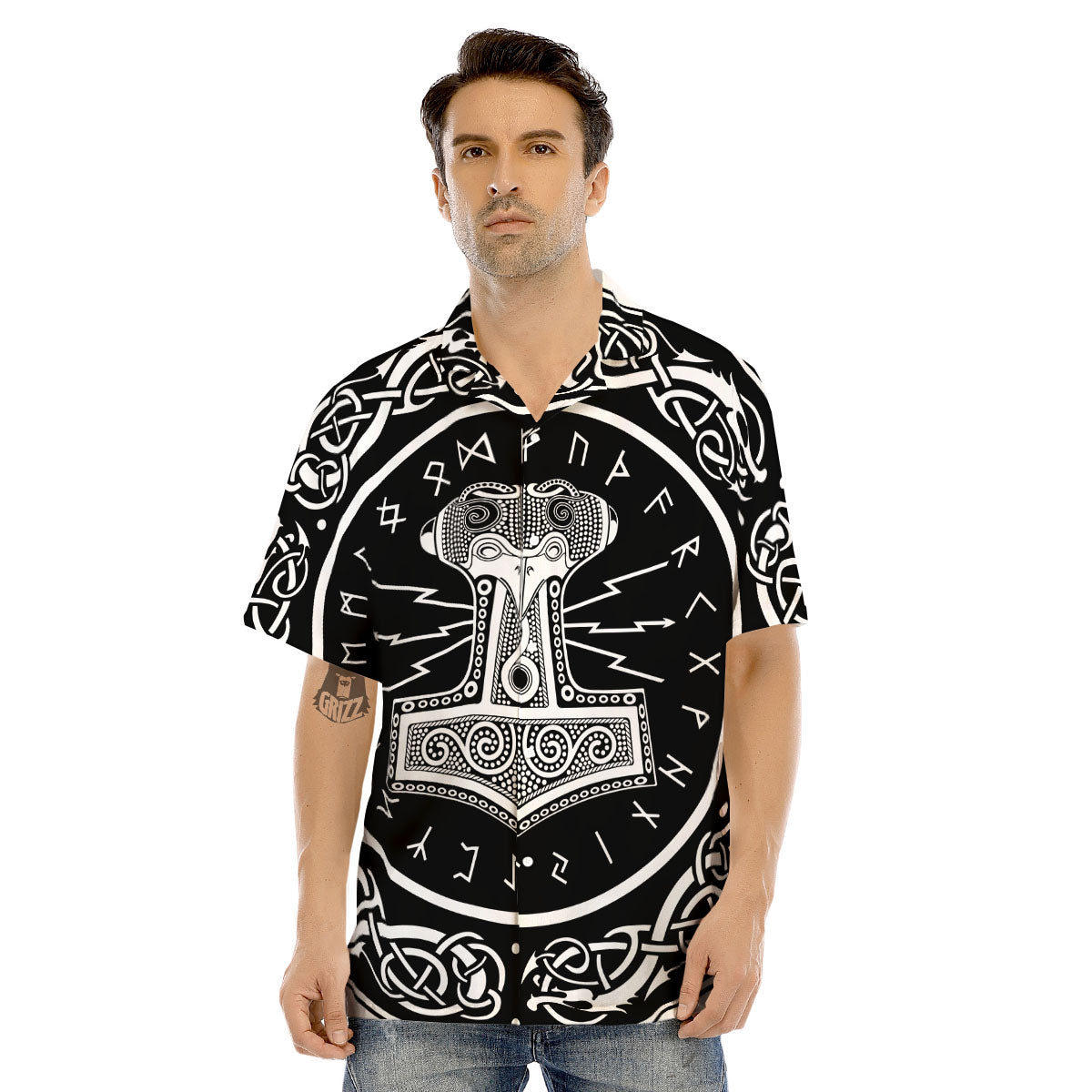 Mjolnir White And Black Print Men's Hawaiian Shirt-grizzshop