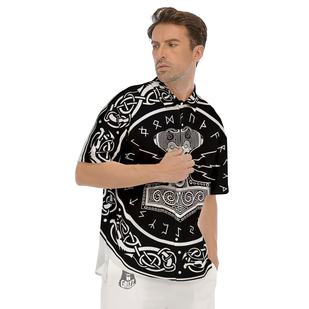 Mjolnir White And Black Print Men's Short Sleeve Shirts-grizzshop
