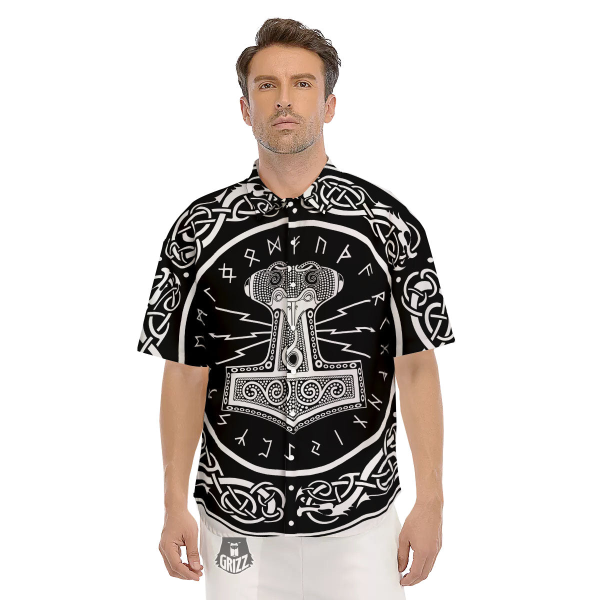 Mjolnir White And Black Print Men's Short Sleeve Shirts-grizzshop