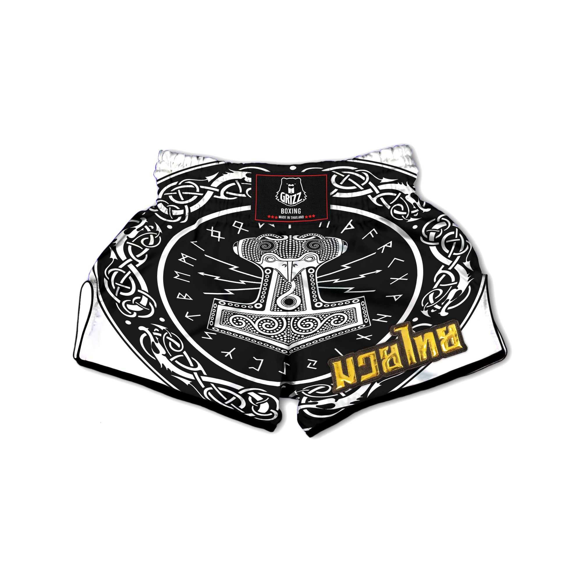 Mjolnir White And Black Print Muay Thai Boxing Shorts-grizzshop