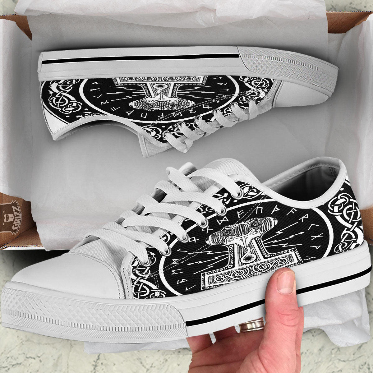 Mjolnir White And Black Print White Low Top Shoes-grizzshop
