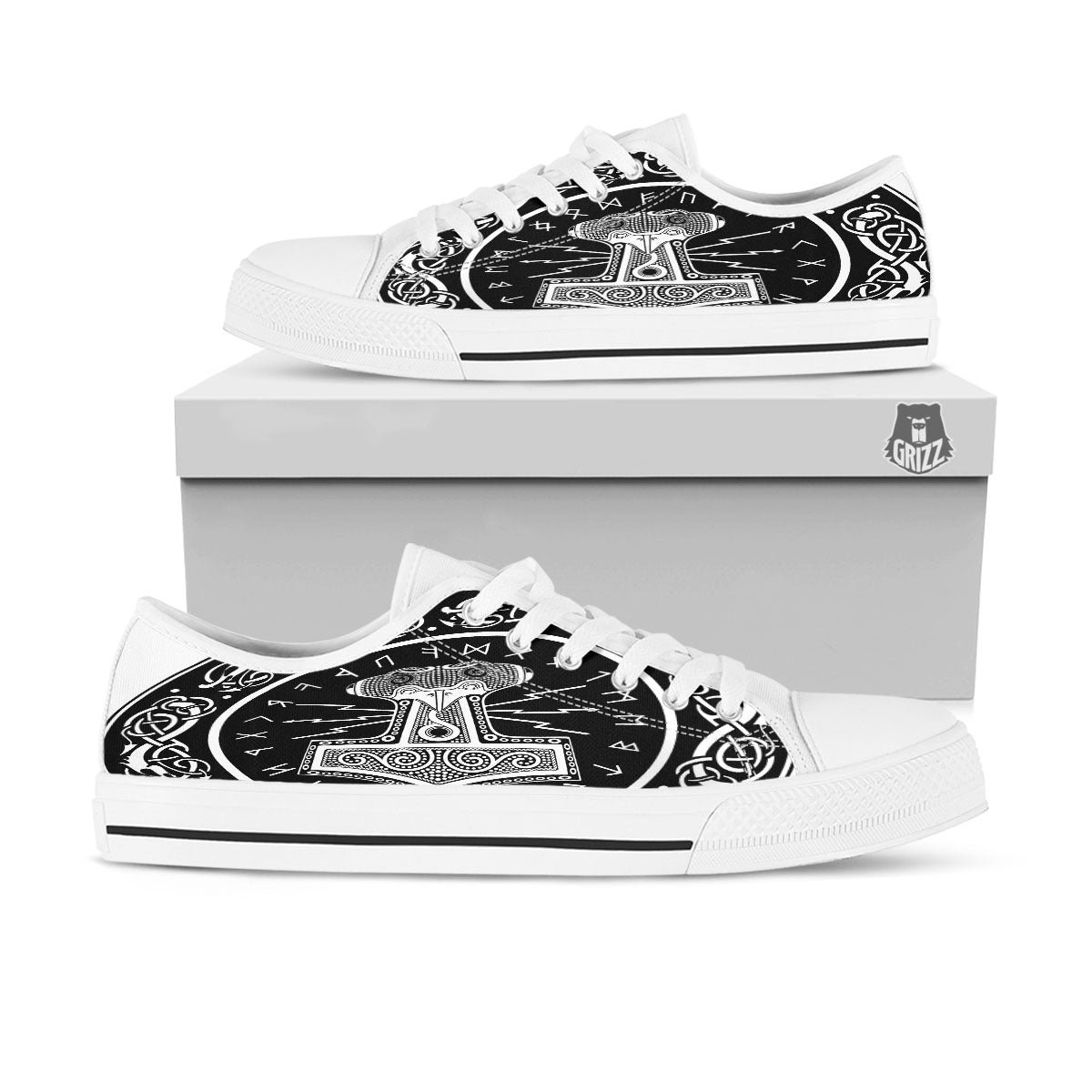 Mjolnir White And Black Print White Low Top Shoes-grizzshop
