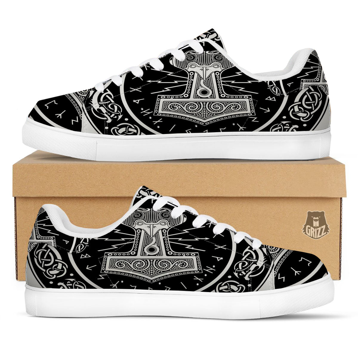 Mjolnir White And Black Print White Low Top Sneakers-grizzshop