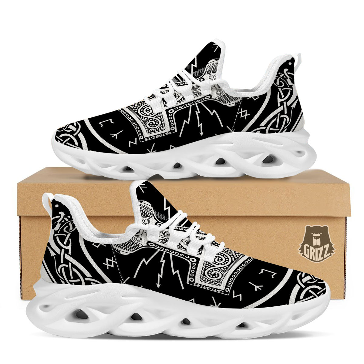 Mjolnir White And Black Print White Running Shoes-grizzshop