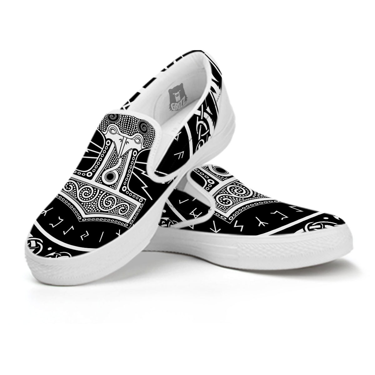 Mjolnir White And Black Print White Slip On Shoes-grizzshop