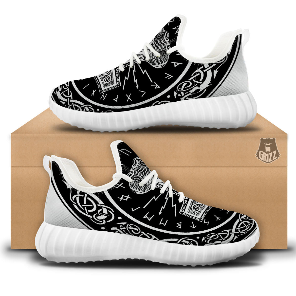 Mjolnir White And Black Print White Walking Shoes-grizzshop